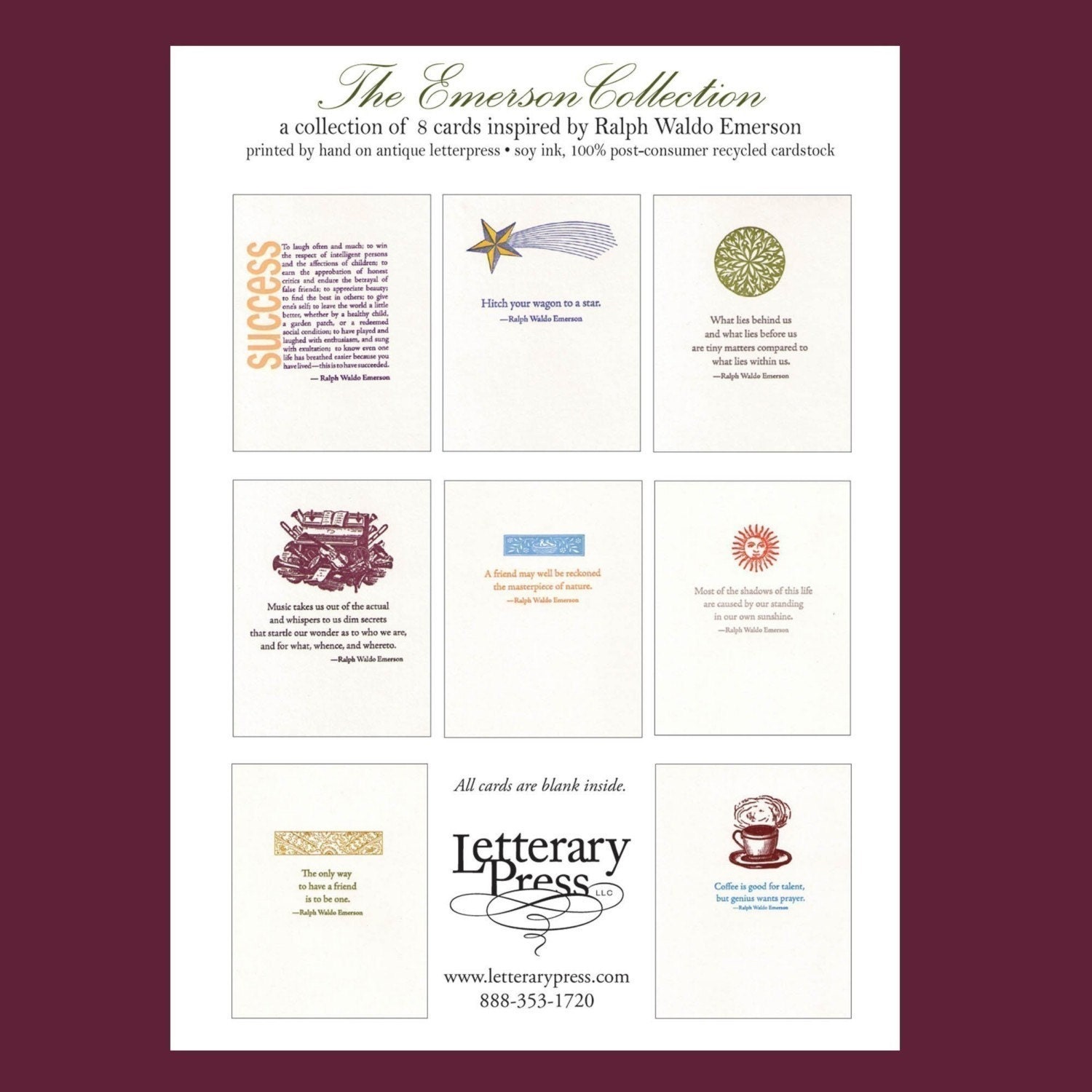 The Emerson Collection - Assortment of 8 letterpress cards with quotes from Ralph Waldo Emerson