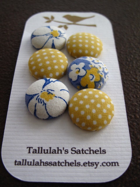 Wearable Sew On Fabric Covered Buttons - Size 30 White and Yellow Flowers and White Polka Dots on Yellow