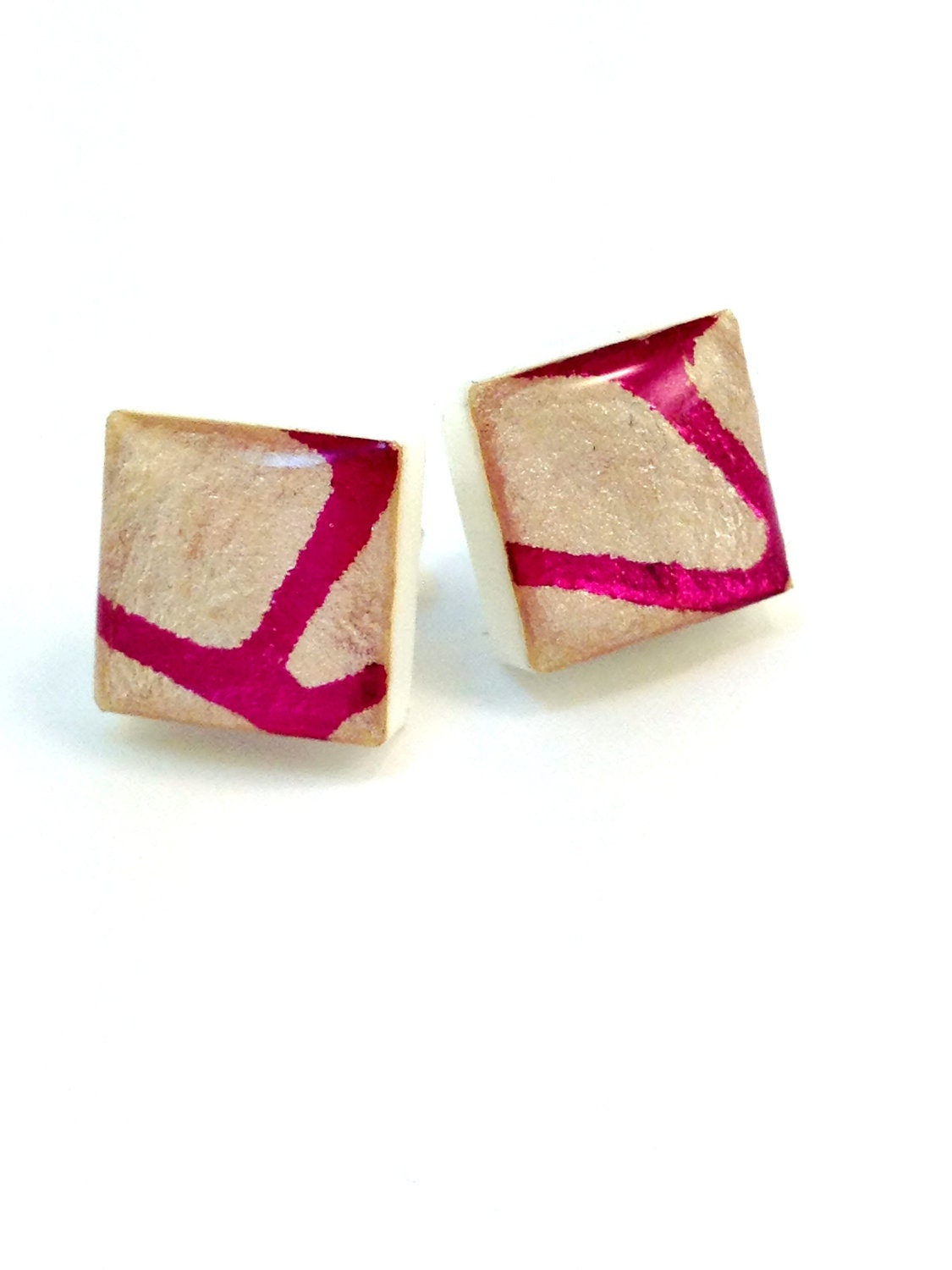 Resin Stud Earrings Square Ivory Pink Foil Embossed Acrylic