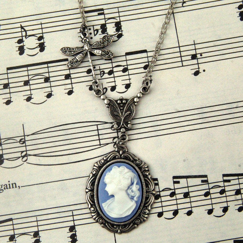Blue Victorian Lady Cameo Necklace in Silver