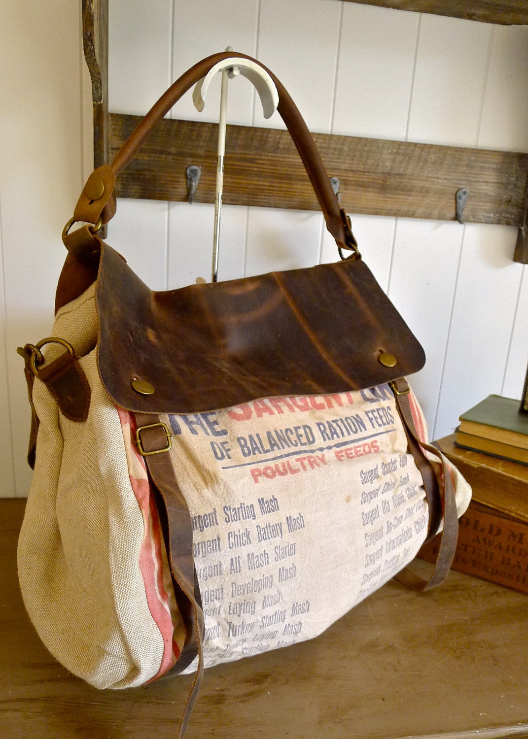Sargent Line Ration Feeds - Des Moines, Iowa - Vintage Seed Sack Satchel Bag - Americana OOAK Canvas and Leather Handbag