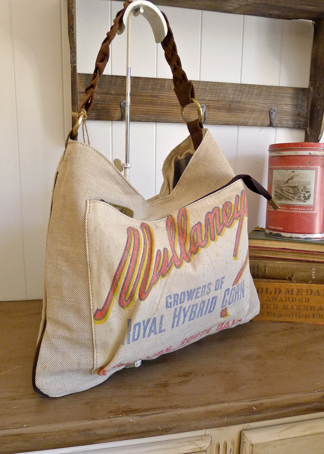 Mullaneys Corn- Vermillion, South Dakota - Vintage Seed Sack Hobo Zipper Tote - Americana OOAK Canvas & Leather Tote... Selina Vaughan