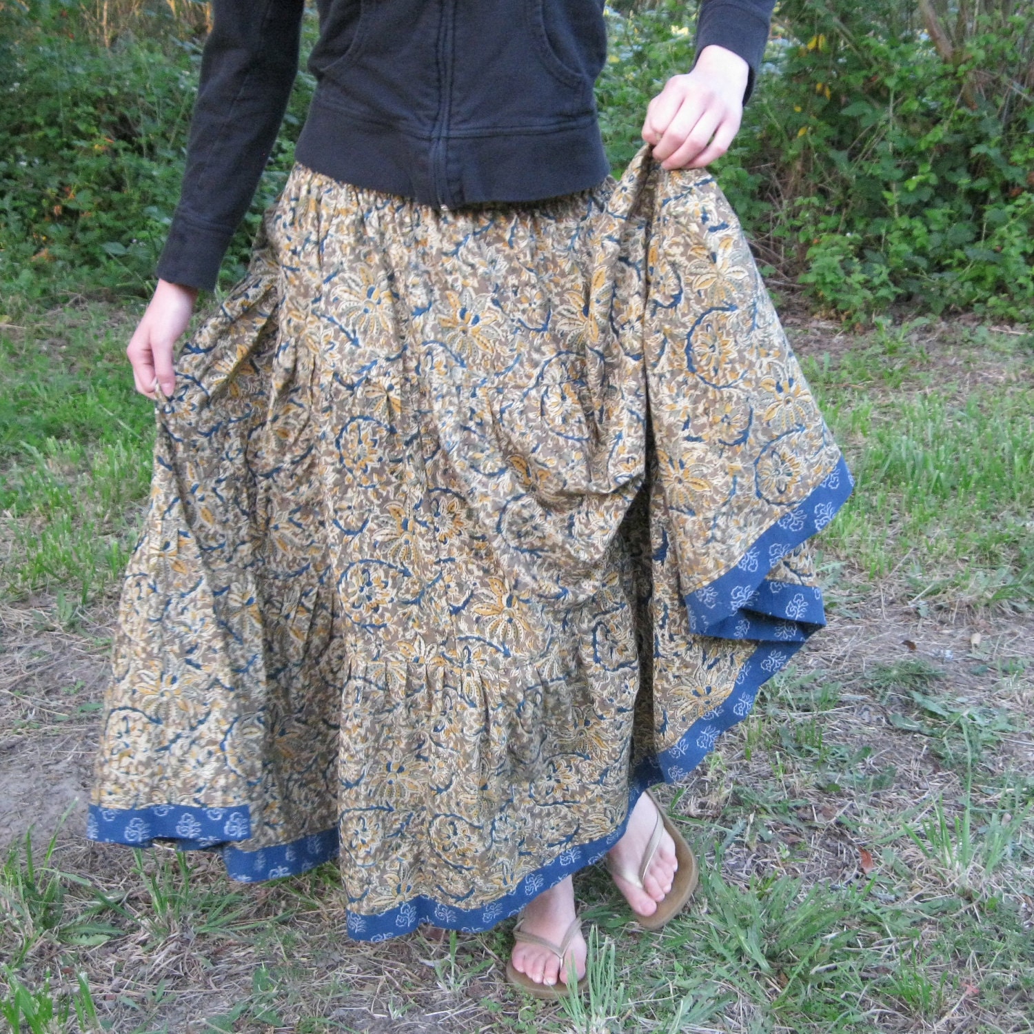 Long Skirt for Women Sage Kalamkari with blue border Your Size