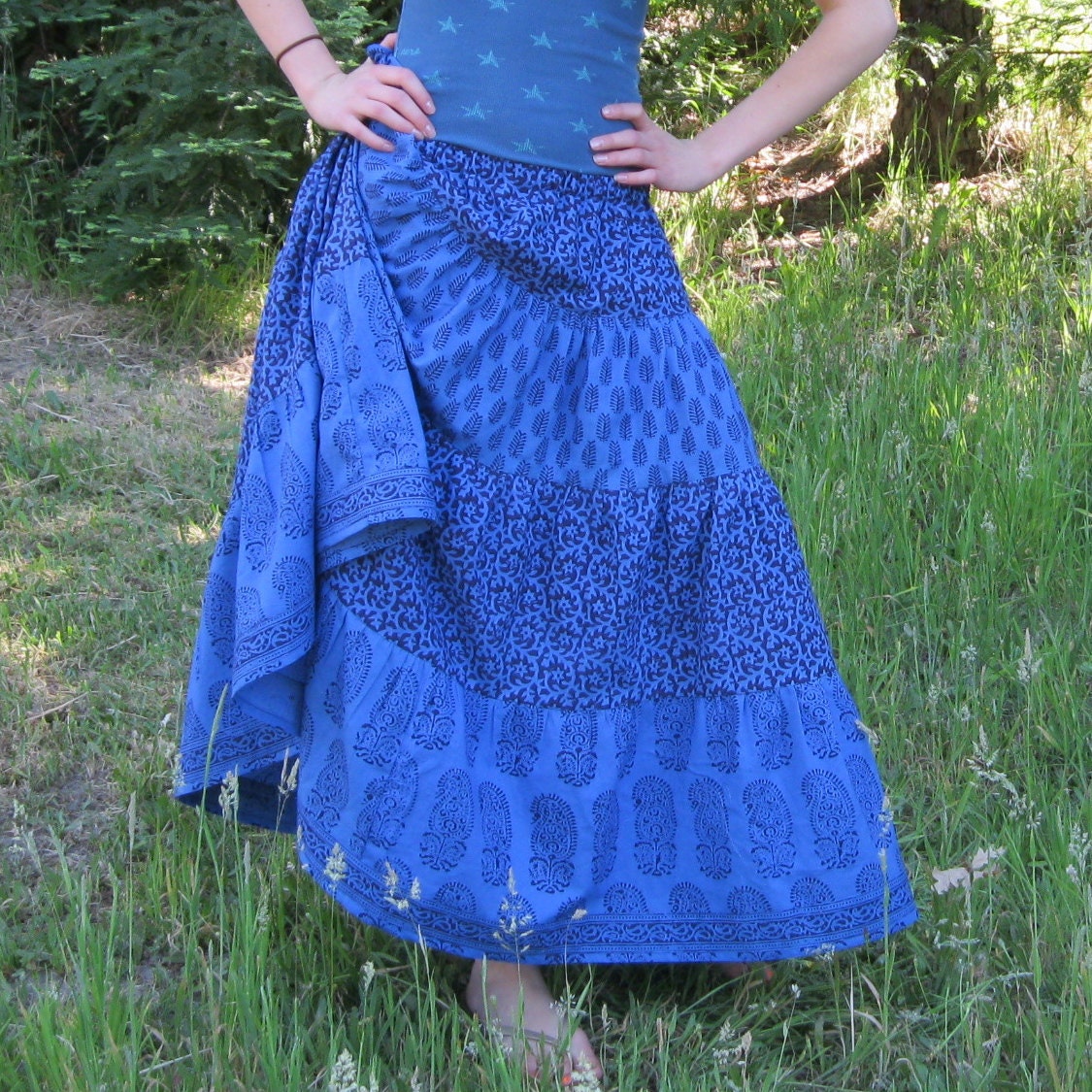 Womens OOAK Handmade Blue and Purple 4 tiered Spin Skirt Hips to 44"