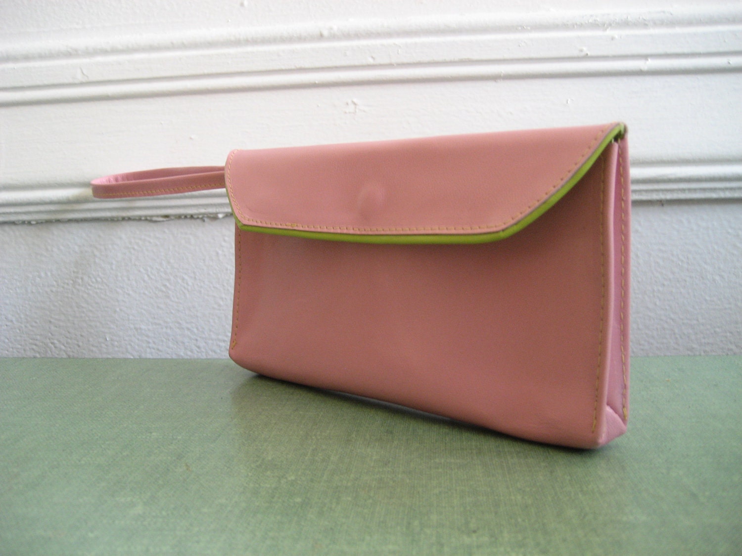 Pink and Chartreuse Leather Clutch