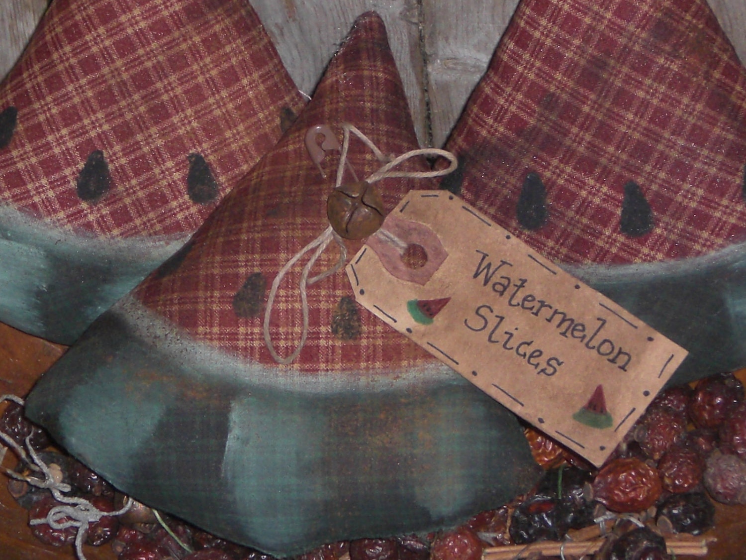 3 Primitive - Watermelon Wedges Slices - Summer Fun - Fruit - Slices - Bowl Fillers - Ornies - Ornaments - Tucks