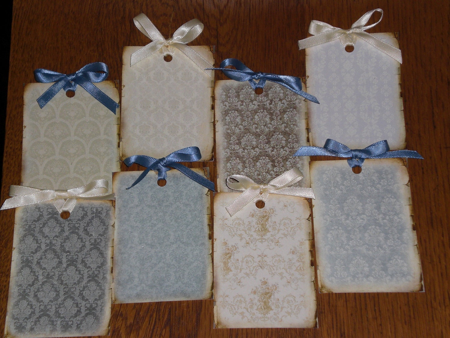 8 Blue and Beige Primitive Antique Vintage Style ATC Hang Tags Gift Tags Place Cards