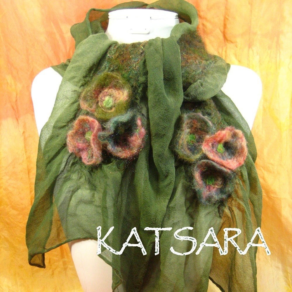 Vavoosh Flower Scarf Nuno Felt Merino Silk with ruffly blossoms - Green