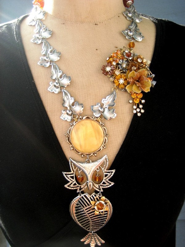 SALE, Vintage Owl Necklace, Vintage Flower Necklace
