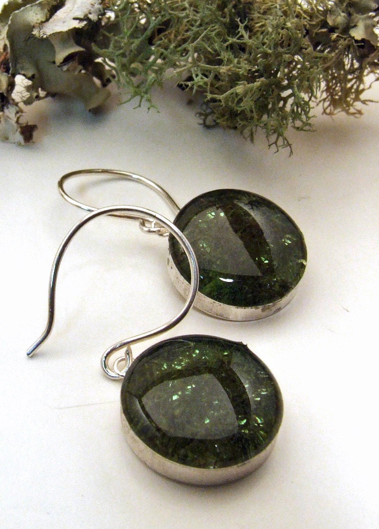 X Large REINDEER MOSS Earrings, Handmade Sterling Silver and Resin, Round Dangly Nature Jewelry from the Captured Collection
