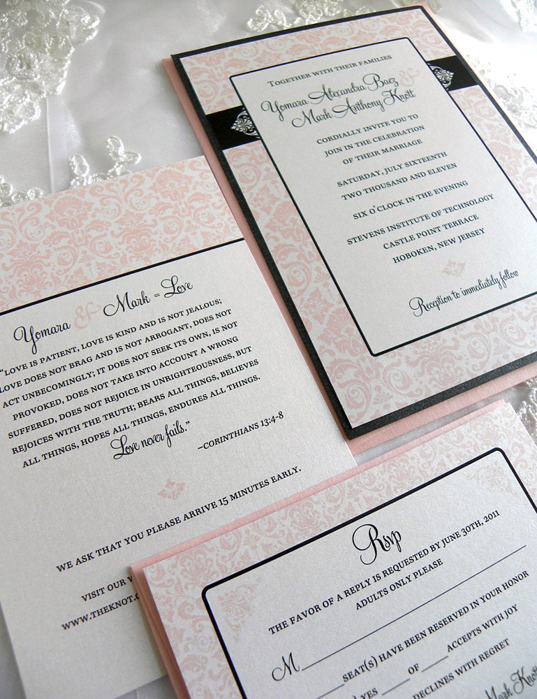 Black and Blush Pink Damask Wedding Invitation Set
