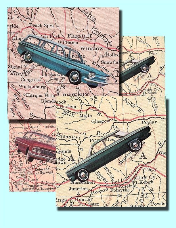 instant download....1960's American cars on maps....3.5 by 3.5 inch digital collage sheet no. 437