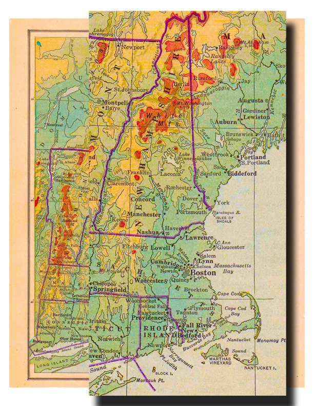 New England Map...Physical and Political from by artdeco on Etsy