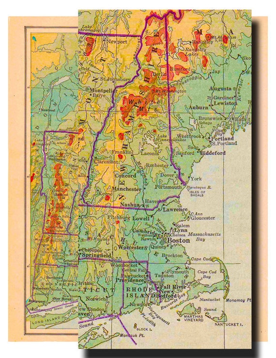 New England Map Physical And Political From By Artdeco On Etsy