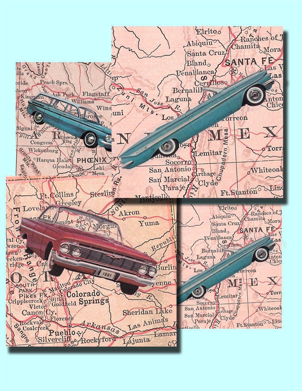 instant download....1960's American cars on maps....3.5 by 3.5 inch digital collage sheet no. 437