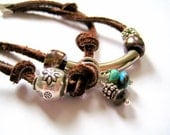 Beaded Leather Silver and Turquoise Bracelet, Double Bounty