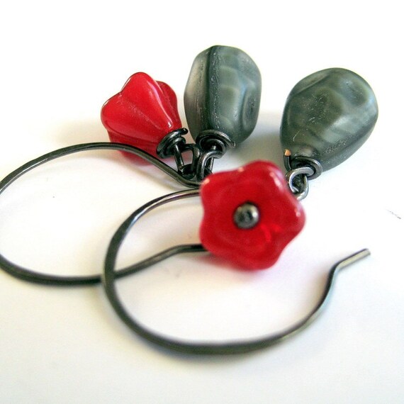 Twilight Oxidized Silver Earrings with Red Glass Tulips and Gray Glass Beads