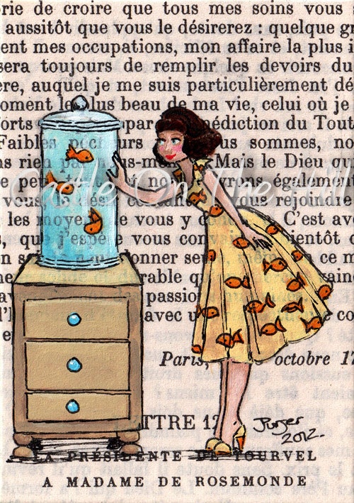 Original ACEO painting on vintage book page - Paris 1962 - Bernice Loves Goldfish