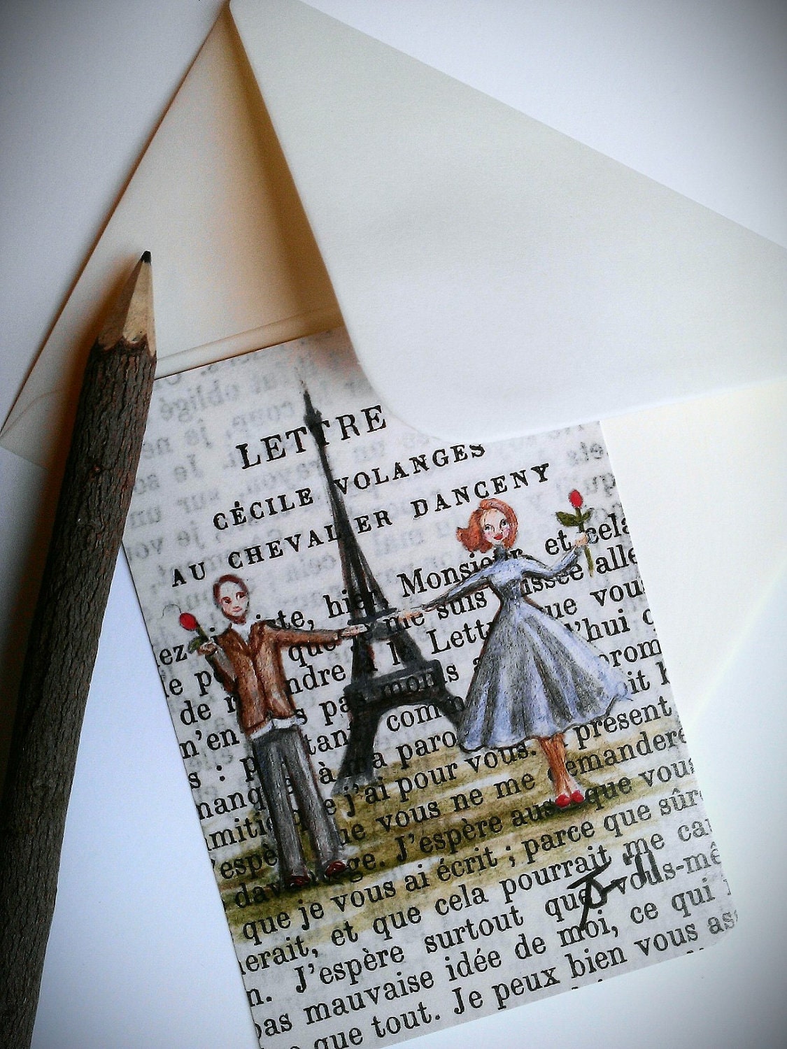 Single postcard with ivory envelope - Paris, 1955 - Marcel et Janelle