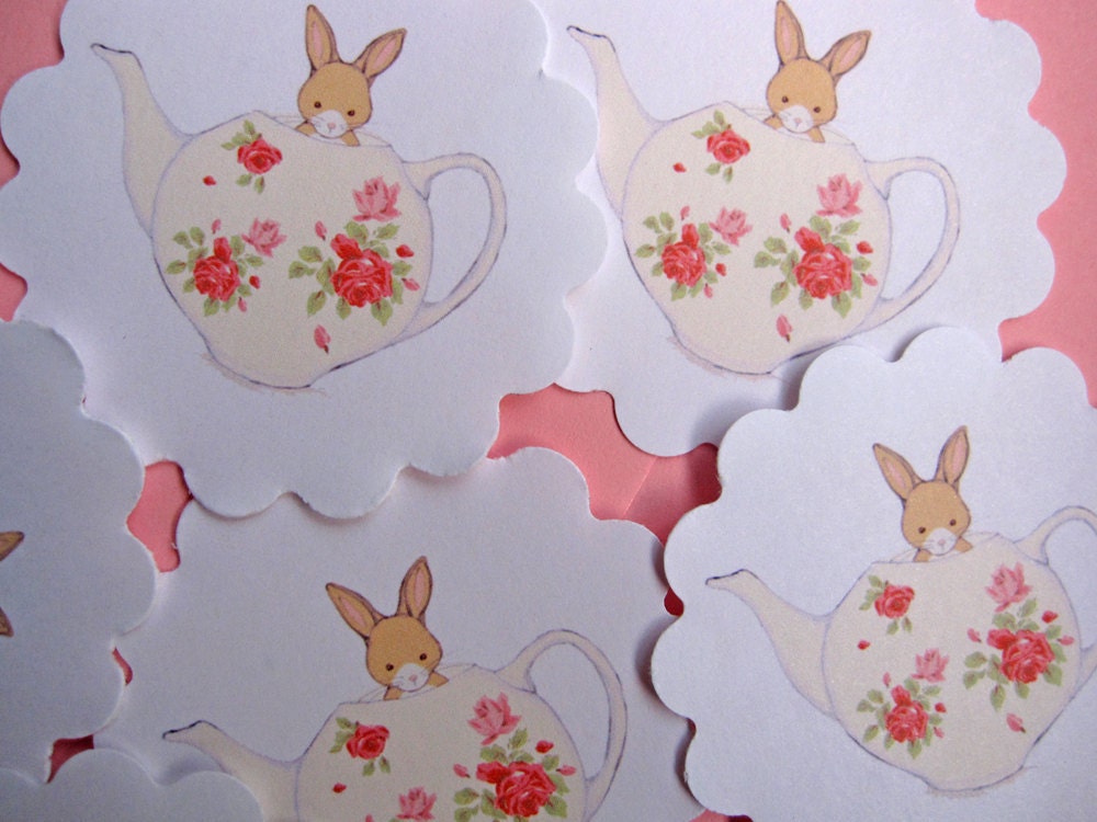 6 Scalloped Stickers - Bunny & her Teapot