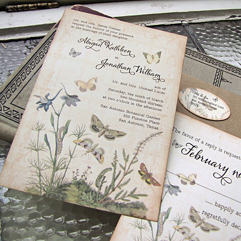 Vintage Wedding Invitation- Botanical Butterflies- Garden Wedding