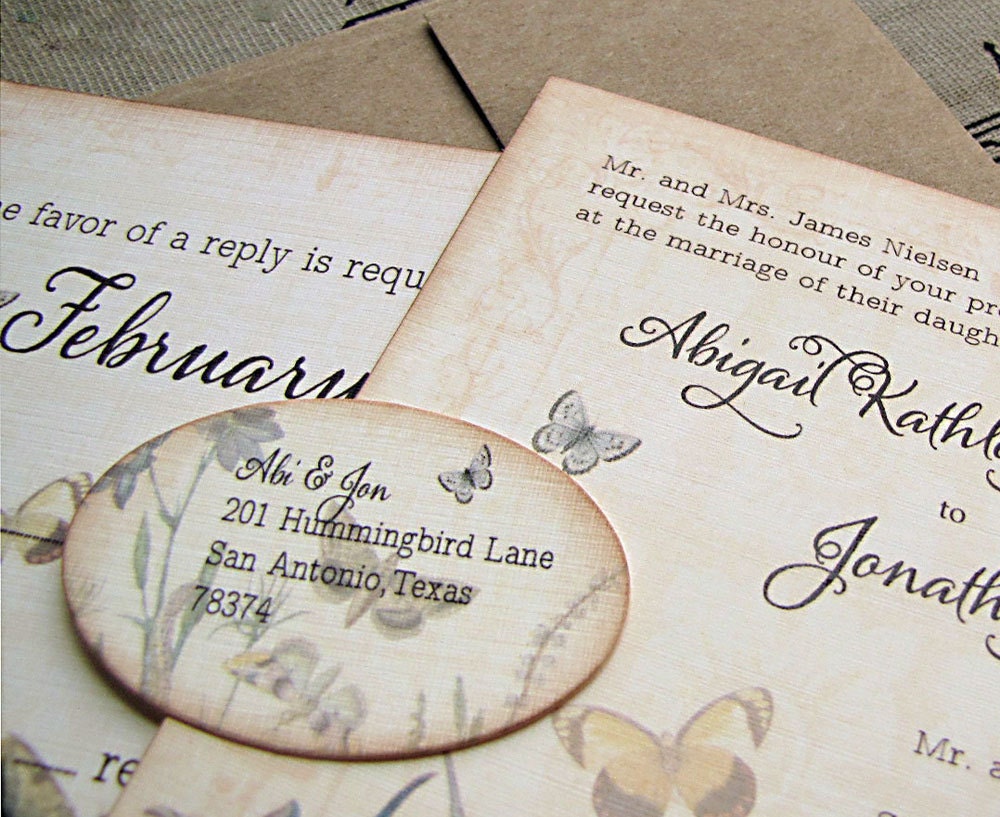 Vintage Wedding Invitation- Botanical Butterflies- Garden Wedding