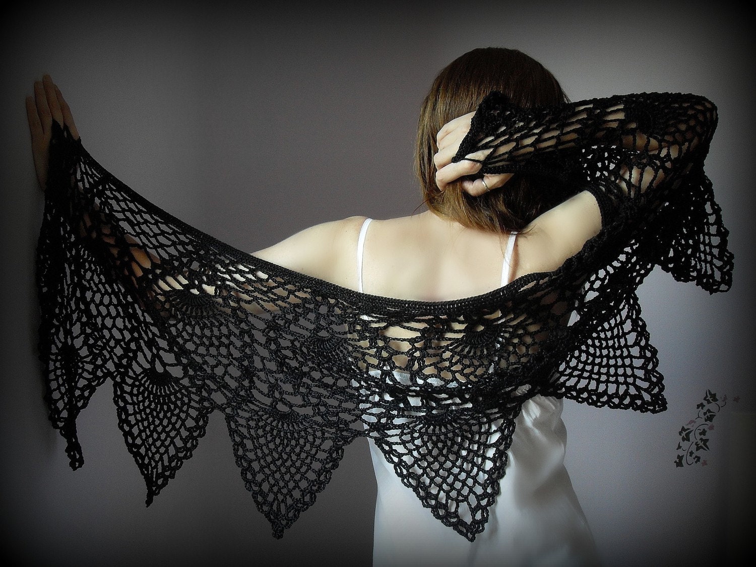 Hand Crochet Wrap Shawl - BLACK PINEAPPLES- Cotton - Silvia66