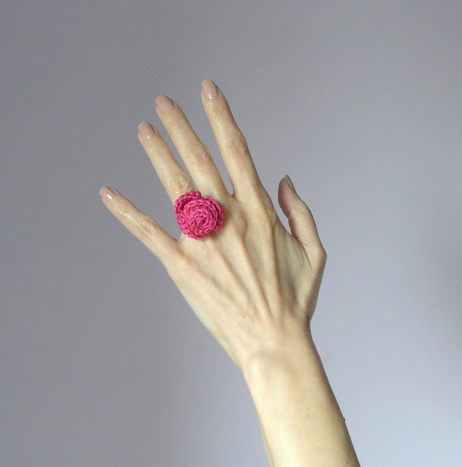 Crocheted Rose Ring Flower Cotton Pink Fuchsia Handmade