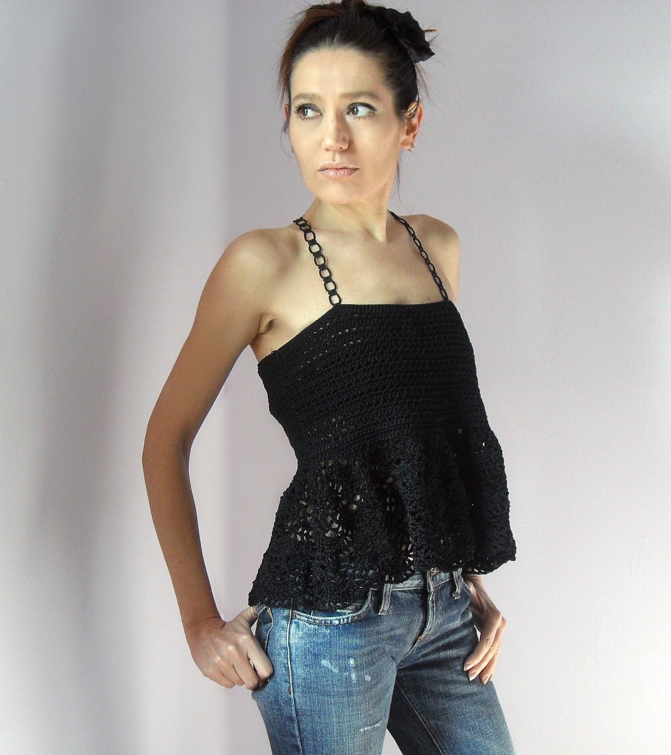 Crocheted tank top black handmade - flounce full circle ruffle strings - sexy boho hippie party - Cotton - elegant and romantic -