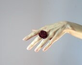 Crocheted Rose Ring Flower Cotton Ruby Red Burgundy Adjustable Handmade