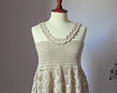 Crocheted tank top cream sand champagne handmade - flounce full circle ruffle strings - sexy boho hippie party - Linen - elegant romantic