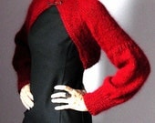 Knitted shrug sweater cardigan Ruby Red with Swarosvki Safety Pin - Long Sleeves- Handmade - Italian   Kid Mohair (Lux Version)