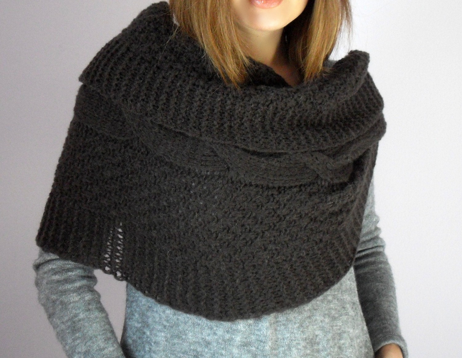 knitting Cable Wrap Ties Shawl Capelet - Brown