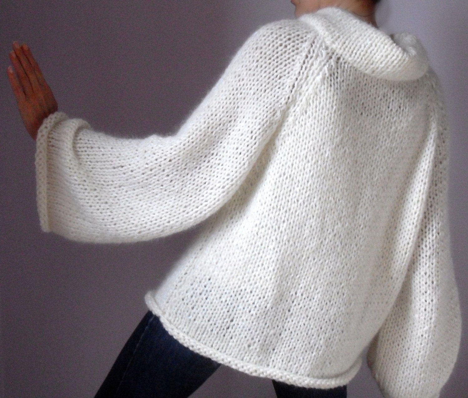 Knitted Sweater with long Sleeves Turtleneck Pure white - Handmade - Super soft Italian Kid Mohair (luxury)