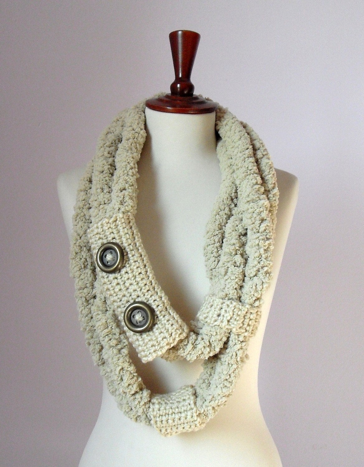 Crochet Scarf Cream Light Brown RINGS and LOOPS Scarf - Necklace