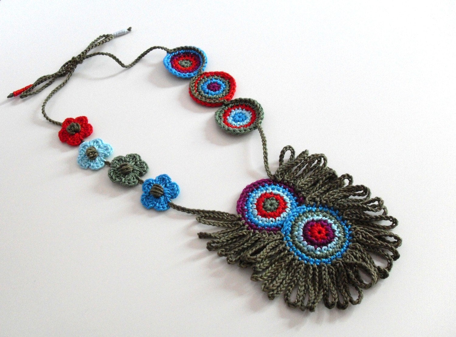 Crocheted Necklace Blue Red Green Purple - Fiber Art Textile Necklace - Handmade - ETHNIC (04)