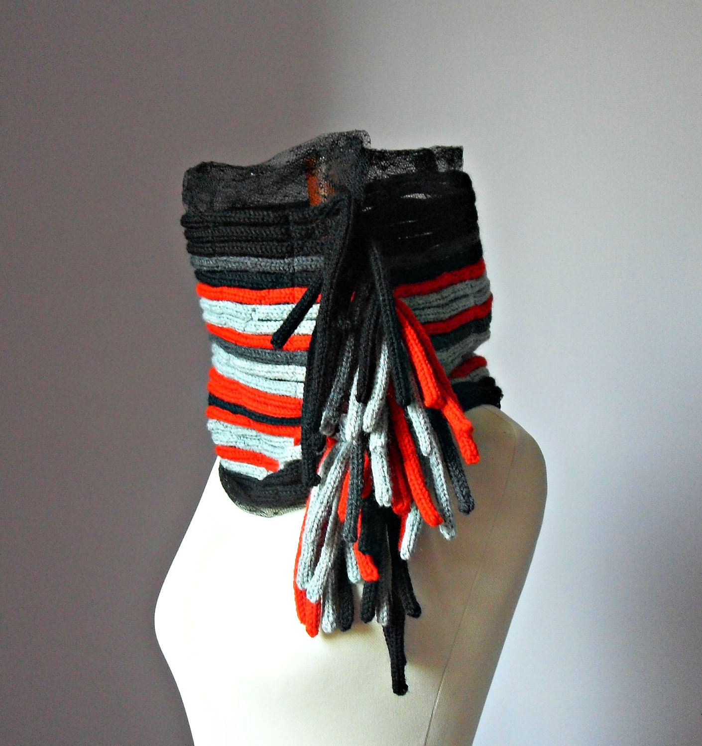 Knitted Cowl NeckwarmerScarf - Handmade - Red Black Grey Gray - Fringes - Wool and Tulle - Italian fashion - Post Apocalypse Survivor