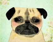 Pug shabby chic portrait - A4  print