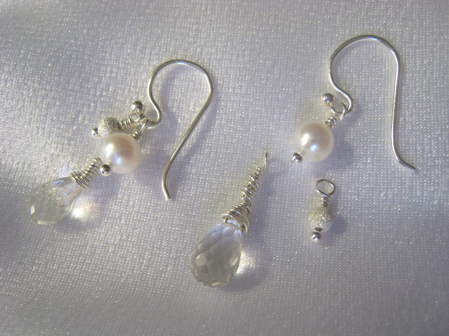 Bridal Earrings - Sterling, Quartz Crystal, White Fresh Water Pearls - Christian Earrings - FAITH, HOPE and LOVE