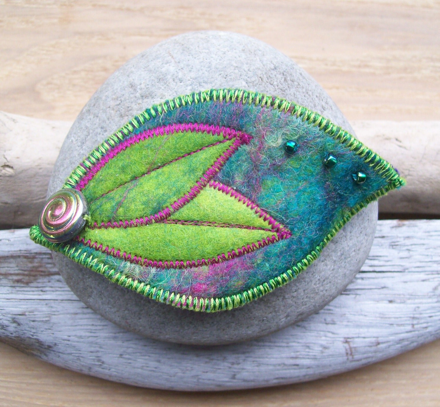 Brooch Pin Green and Pink Felt Leaf