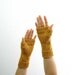 Swirl Hand Knit Fingerless Mitts in Golden Sunflower Soft Merino Wool. Spring and Winter Hipster Fashion Handmade in France.