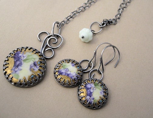 Hand Painted Vintage Porcelain Button Set Necklace Earrings Sterling silver