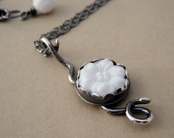 Floral Milk Glass Necklace Sterling Silver