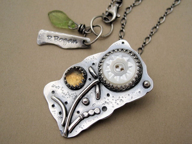 RESERVED - Vintage Button Citrine Floral Pendant - Sterling Silver Handmade