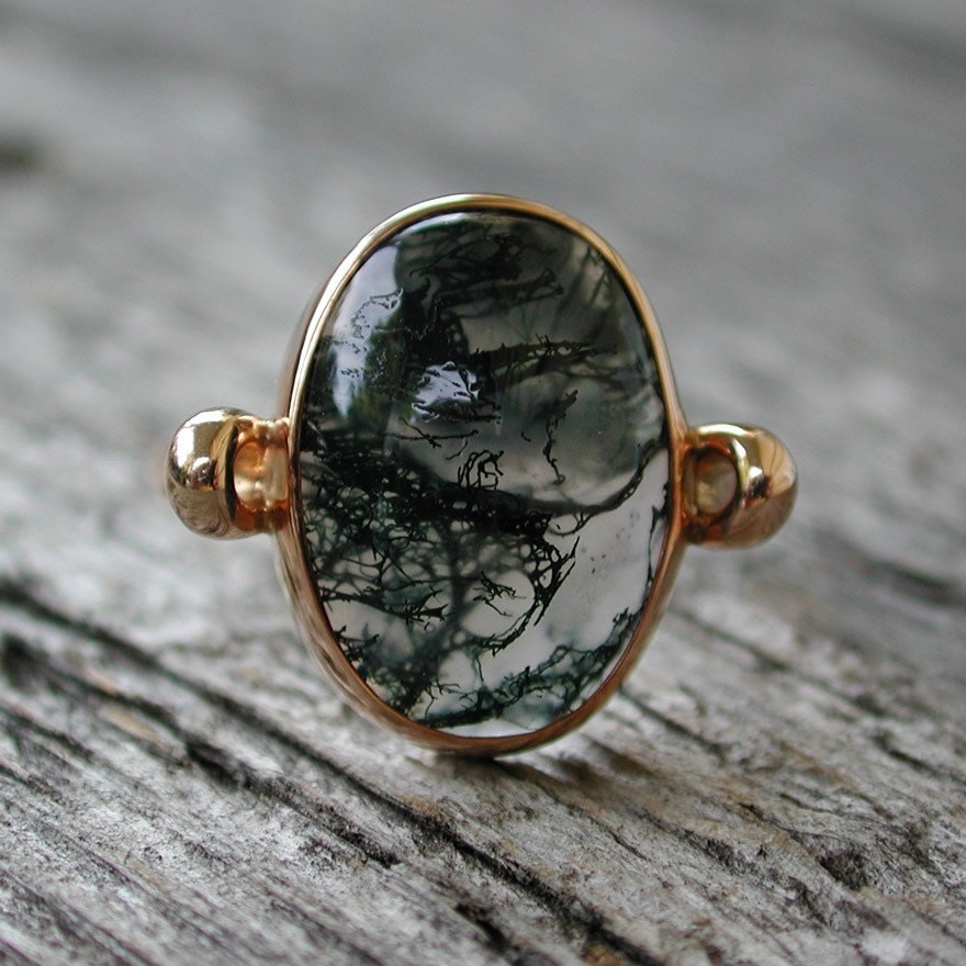 Mystical moss agate ring 14k rose pink gold jewelry