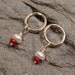 Tiny Red Ruby Earrings with Pearl Drops 14k Gold Circle Studs by SARANTOS