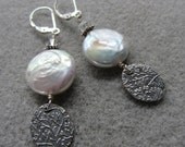 Moondust earrings with freshwater coin pearls, fine silver, Swarovski crystal and sterling silver