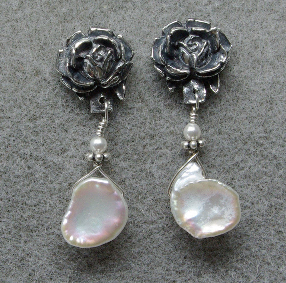 Rose Elegance fine silver earrings with keshi pearl drops