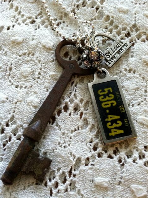 Missouri ROAD TRIP Necklace with License Plate, Skeleton Key, Arch Charm, and Rhinestones