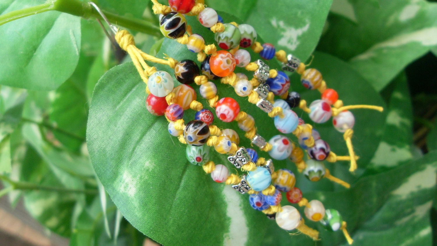 bright colorful fun millefiori beads dangle hemp earrings